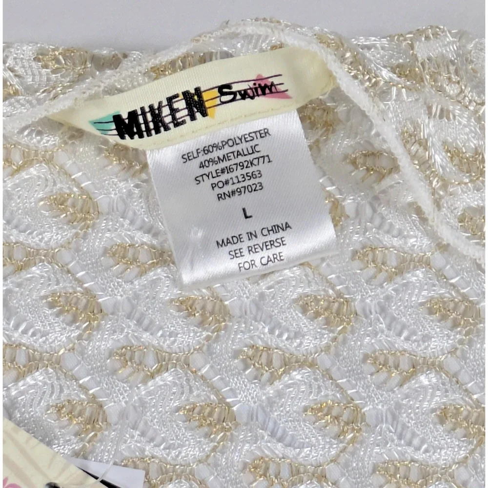 Miken Swim Sarong Wrap Skirt Large NWT Gold White Metallic Crochet Beach CoverUp